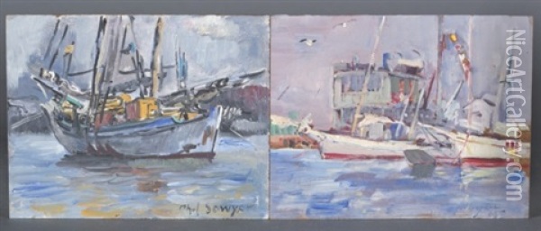 Scene Of Boats Docked At Harbor; Scene Of A Boat (pair) Oil Painting - Philip Ayer Sawyer