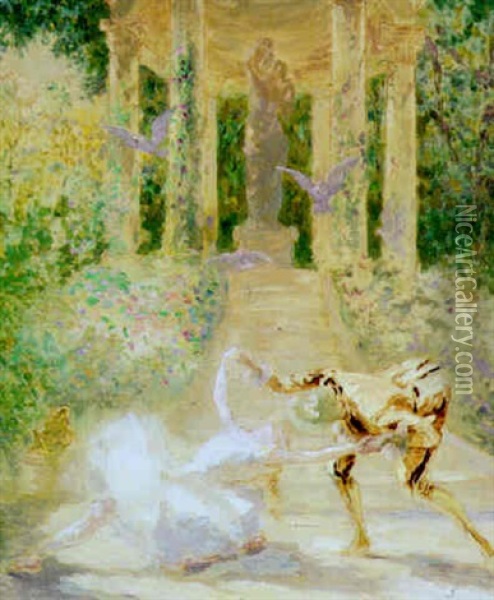 Ballet In A Garden With Classical Temple Oil Painting - Charles Paul Renouard