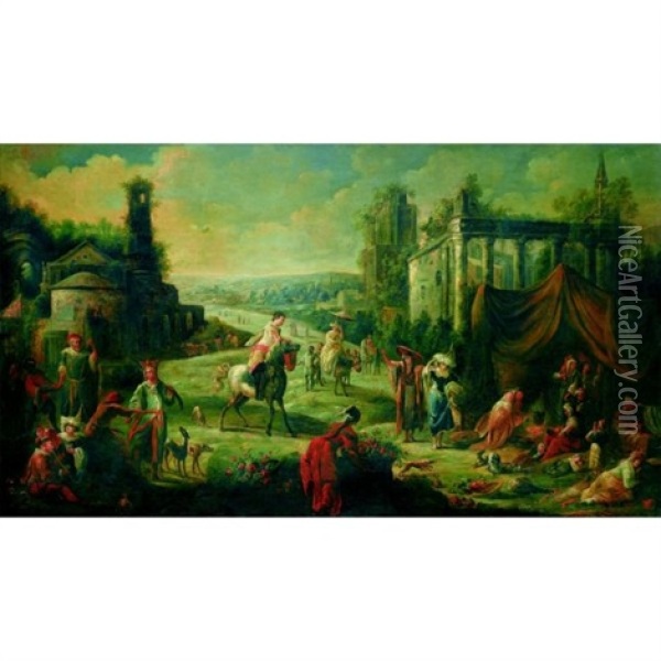 Personnages Orientaux Dans Un Vaste Paysage De Ruines Antiques Oil Painting - Peeter van Bredael