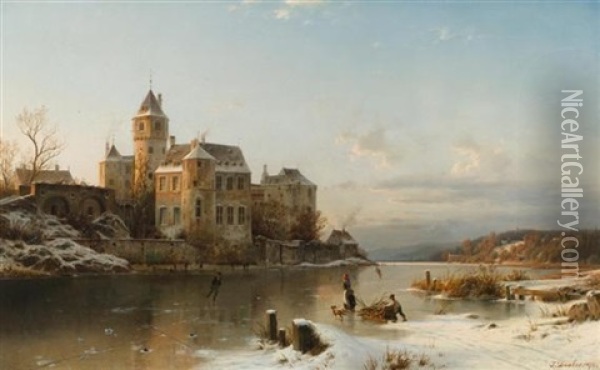 Winterlandschaft Mit Figuren Vor Einer Burg Oil Painting - Johannes Bartholomaeus Duntze