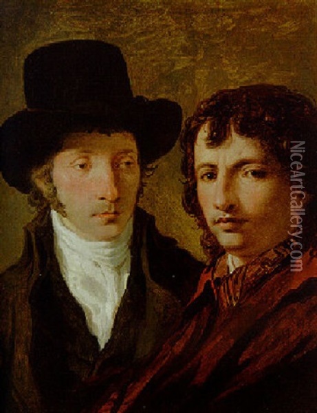Portrait Of Two Gentlemen, One Wearing A Tophat And White Cravat, The Other A Red Jacket Oil Painting - (Francois) Jean-Baptiste Topino-Lebrun