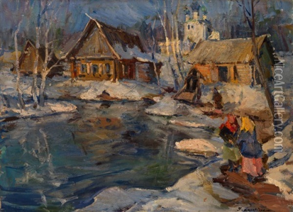 Russian Village In Winter Oil Painting - Georgi Alexandrovich Lapchine