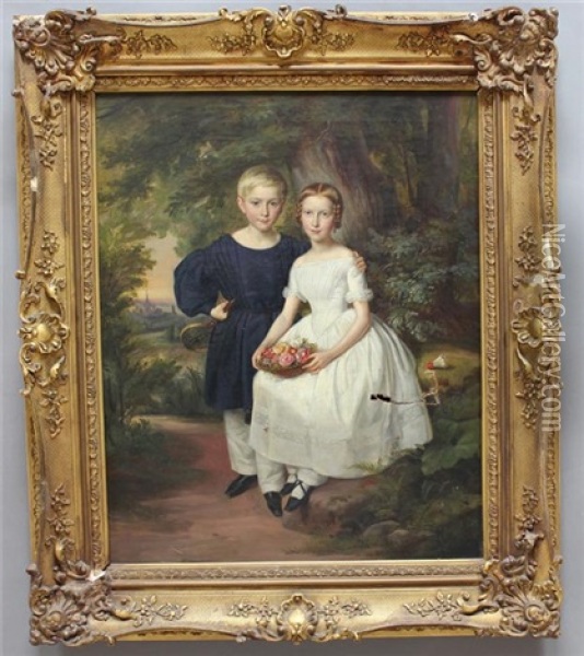 Kinderdarstellung Der Beiden Geschwister Elise Mit Blumenkorb Und Theodor Wegener Mit Tennisschlager Oil Painting - Julius Schoppe the Elder