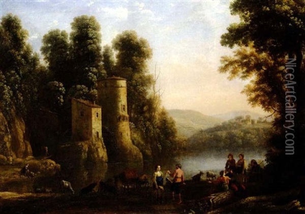 Pastoral River Landscape With Figures By A Mill Oil Painting - Claude Lorrain