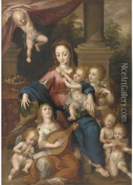 The Virgin And Child With Angels Making Music Oil Painting - Dirk de Quade van Ravesteyn
