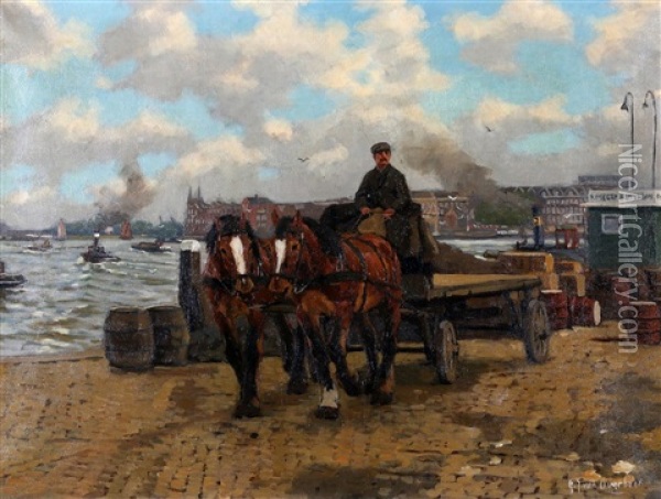 Een Sleperswagen Op De Kade Te Rotterdam Oil Painting - Gijsbertus Johannes Van Overbeek