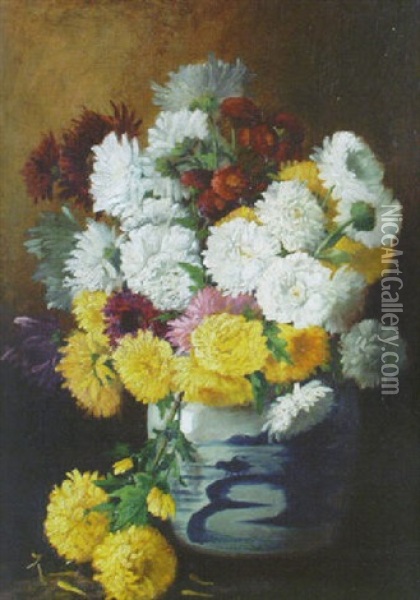 Chrysanthemums In A Canton Jar Oil Painting - Claude Raguet Hirst