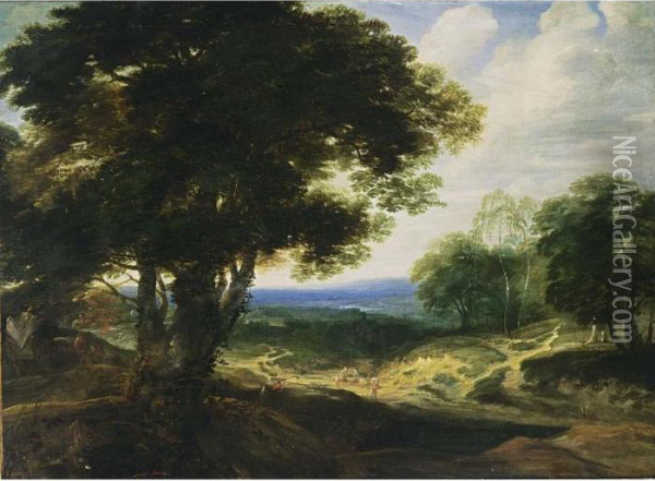 An Extensive Wooded Landscape 
With Travellers Resting On A Path And A Horse- Drawn Cart On The Left Oil Painting - Jacques D Arthois