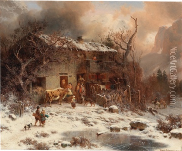 Winter Landscape,  Arrival Of The Visitor Oil Painting - August Richard Zimmermann