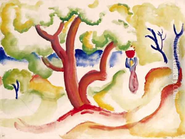 Frau mit Korb unter Baumen Oil Painting - August Macke