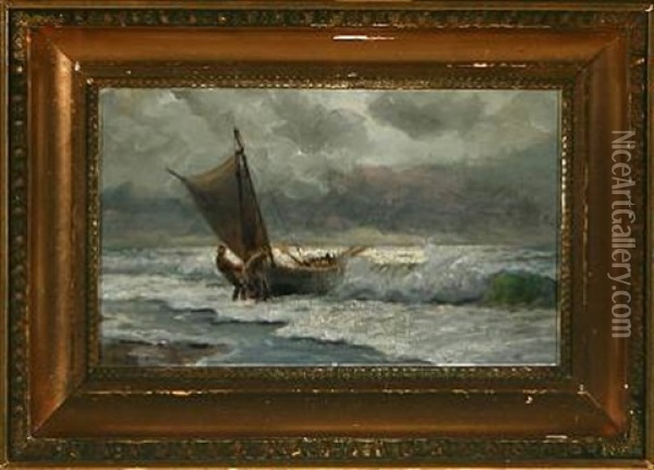 Fishermen Pulling Their Boat Onshore Oil Painting - Holger Luebbers