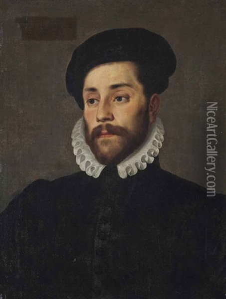 Portrait Of A Gentleman, Half-length, In A Black Doublet, White Ruff And Black Hat Oil Painting - Giovanni Battista Moroni