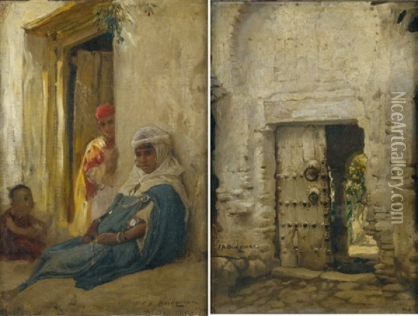 Jeunes Filles Orientales Dans Une Ruelle (+ Porte De Constantine; Pair) Oil Painting - Frederick Arthur Bridgman