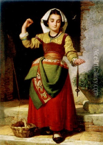 A Young Maid With A Spool Of Yarn Oil Painting - Otto Donner von Richter