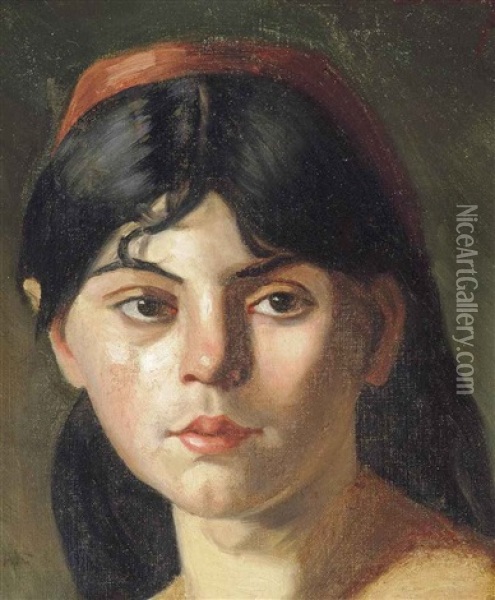 Portrait Of A Girl, Shoulder Length, With A Red Headband Oil Painting -  Carolus-Duran