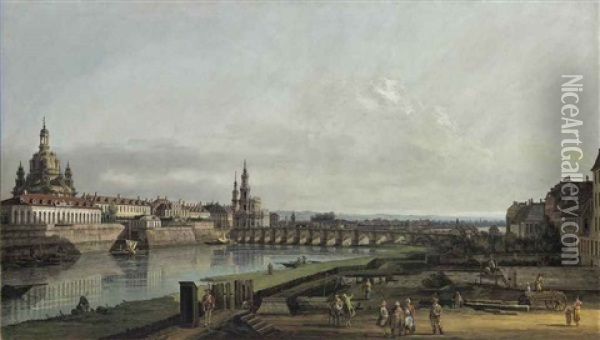 Dresden From The Right Bank Of The Elbe Above The Augustus Bridge Oil Painting - Bernardo Bellotto