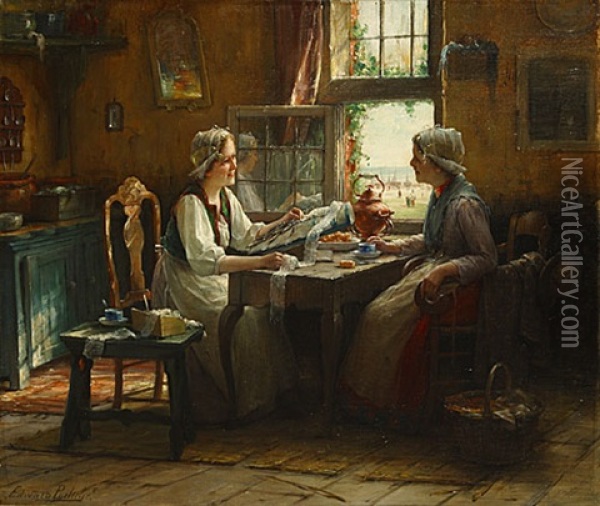 Kantkloster In Een Zeeuws Interieur Oil Painting - Edward Antoon Portielje