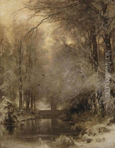 Achter Het Buiten; A Forest In Winter Oil Painting - Louis Apol