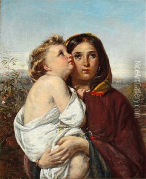 Italian Woman Holding A Fair-haired Child Oil Painting - Elisabeth Anna Maria Jerichau-Baumann