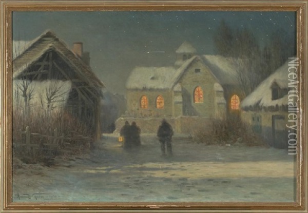 Messe De Minuit, Nuit De Noel A Bertricourt En Champagne (clair De Lune Sur La Neige) Oil Painting - Armand Guery