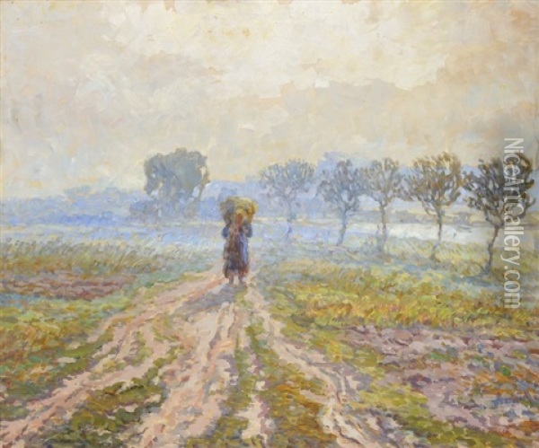 Woman On The Dirt Road Oil Painting - Josef Barta