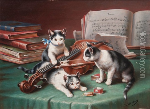 Kittens And Violin Oil Painting - Carl Reichert