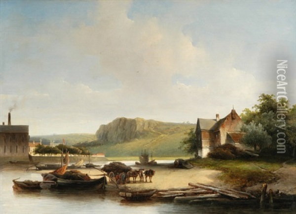 Flusslandschaft Mit Frachtbooten Und Pferdefuhrwerk Oil Painting - Johannes Franciscus Hoppenbrouwers
