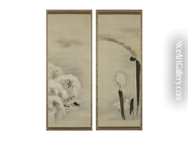 White Egret And Two Mandarin Duck (pair) Oil Painting - Tanshin Morimichi Kano