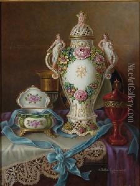 Still Life With Ornate Porcelain Urn Oil Painting - Anna Sattler