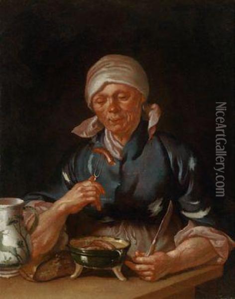 Nachfolger Eine Frau Bei Der Mahlzeit Von Wursteni Brot Und Wein Oil Painting - Martin Dichtl