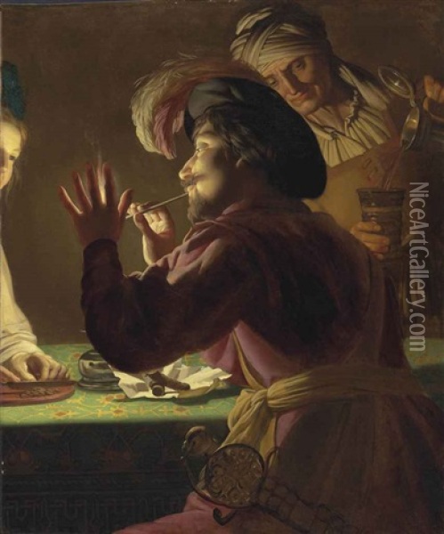 A Cavalier Lighting A Pipe From A Candle, An Old Woman Pouring From A Crock And A Young Woman Cutting Tobacco - A Fragment Oil Painting - Gerrit Van Honthorst