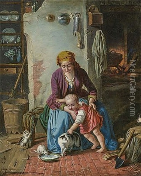 Mutter Mit Kind Beim Futtern Der Katzen Oil Painting - Anton Mueller