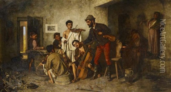 Die Jungen Musiker Oil Painting - Janos Valentiny