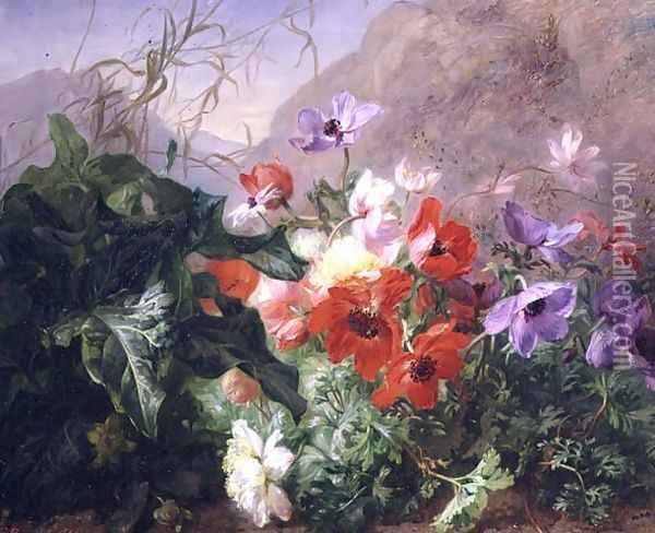 Still Life of Anemones in Undergrowth Oil Painting - Elise Puyroche-Wagner