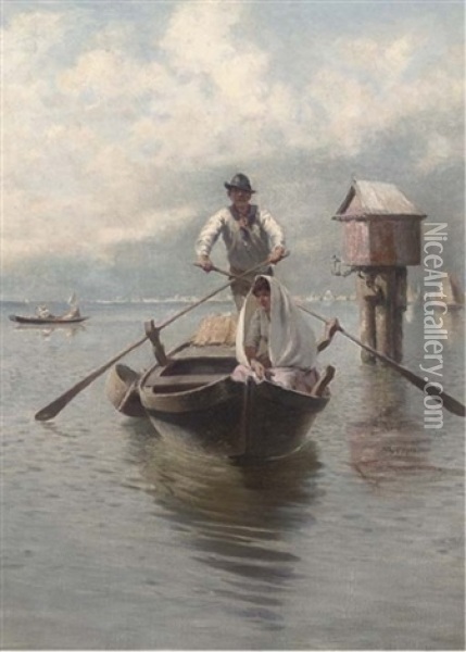 A Ferry On The Venetian Lagoon Oil Painting - Franz Leo Ruben