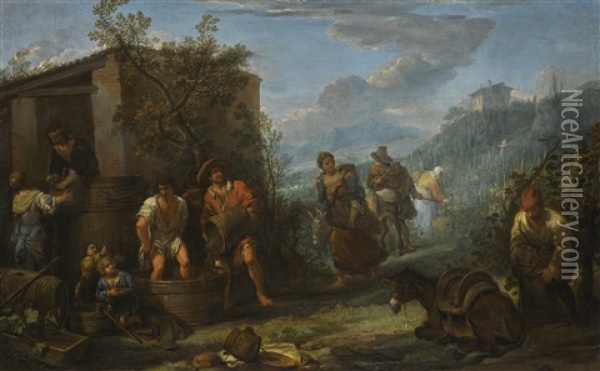 Landscape With Peasants Harvesting Grapes Oil Painting - Dirk Helmbreker