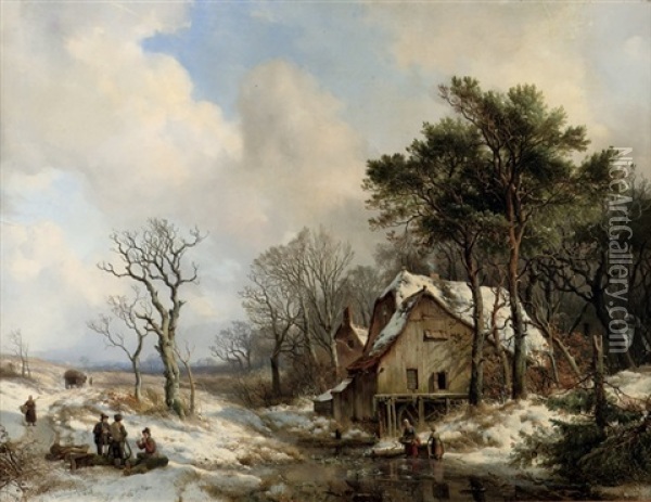 Figures On A Frozen Stream On The Outskirts Of A Village Oil Painting - Hendrik van de Sande Bakhuyzen
