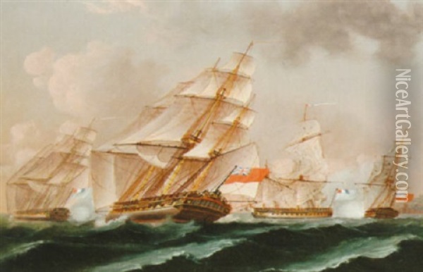 A Napoleonic Frigate Action Oil Painting - Thomas Buttersworth