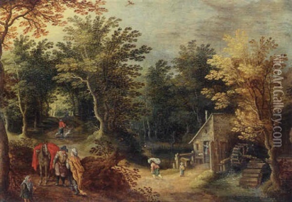 A Gipsy Woman And A Traveller On A Road By A Watermill Oil Painting - Marten Ryckaert