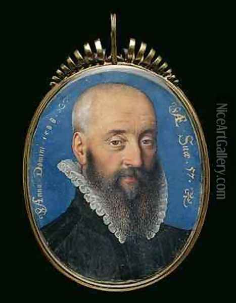 Portrait miniature of an unknown man aged 57 1588 Oil Painting - Isaac Oliver