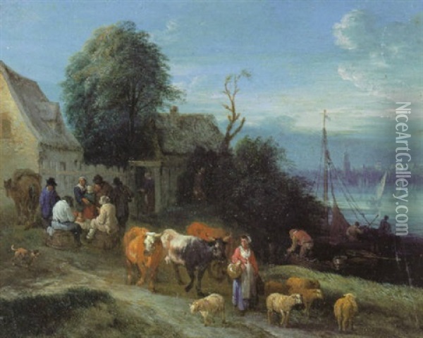 Dorfstrasse Am Fluss Mit Dem Turmen Von Amsterdam In Hintergrund Oil Painting - Theobald Michau