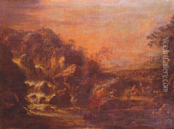 Paesaggio Immaginario Con Pescatori, Pastori E Greggi Oil Painting - Johann Anton Eismann