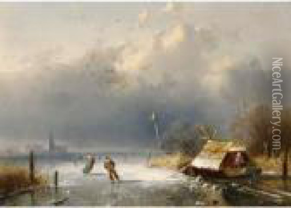 Winter Landscape With Figures On The Ice Oil Painting - Charles Henri Leickert