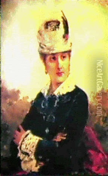 Portrait De Jeune Femme Au Chapeau A Plume Oil Painting - Francisco Miralles y Galup