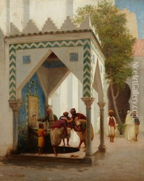 Dans La Cour D'une Mosquee A Alger Oil Painting - Charles Theodore (Frere Bey) Frere