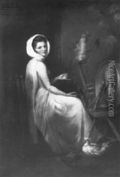 The Spinstress: Portrait Of Lady Hamilton Seated Full Lengthin A White Dress And Shawl, At A Spinning Wheel... Oil Painting - George Romney