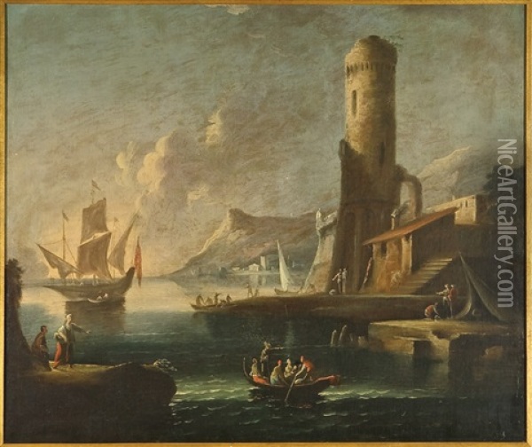 Veduta Di Porto Con Vecchia Torre Oil Painting - Pietro Antoniani