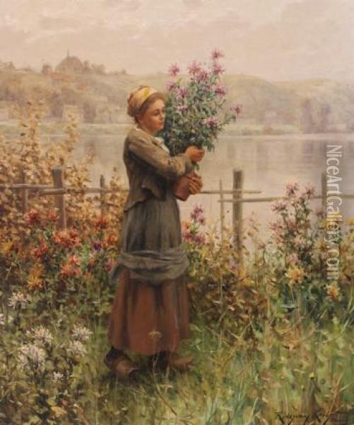 Pot Of Flowers - Woman With Flowers Oil Painting - Daniel Ridgway Knight