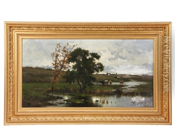 Cows In Wetlands Near Roman Aqueduct Oil Painting - Pietro Barucci