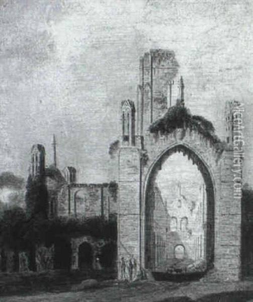 Figures And Cattle Before A Ruined Abbey Oil Painting - Joseph Rhodes